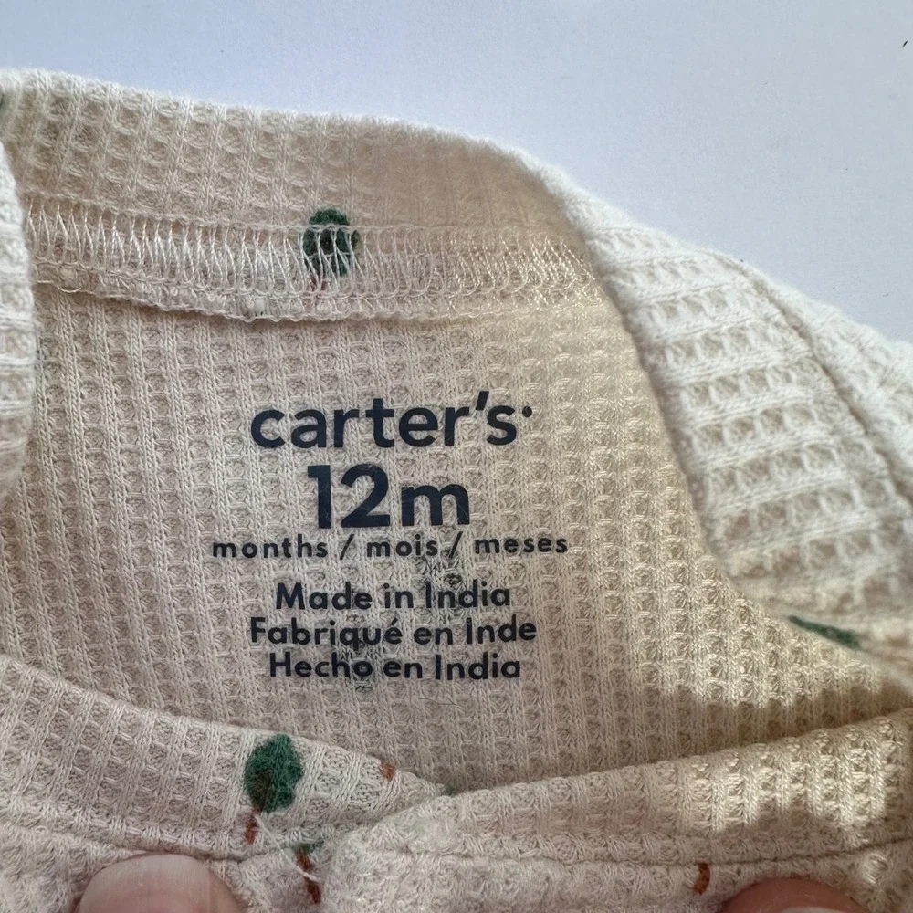 Carter's 12M Baby Outfit Waffle Knit Set Cream Green‎ Tree Print Pants Top